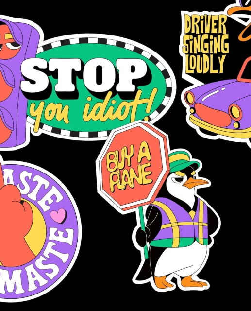 Humorous sticker collage on black background with cartoon car, personified traffic light, and penguin holding 'Buy a Plane' sign.