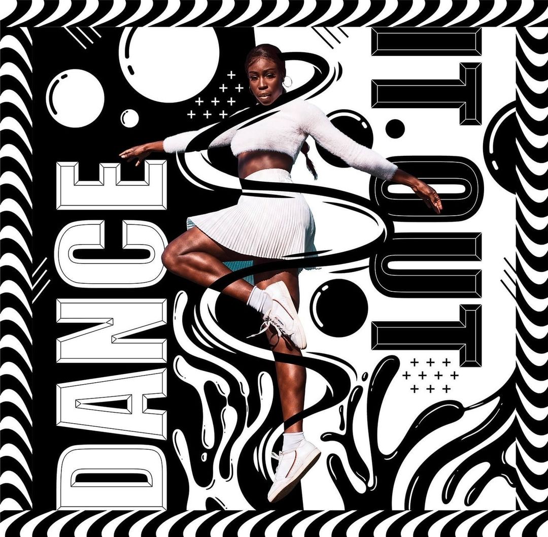 Woman in white sportswear poses dynamically against a bold black and white graphic backdrop in a stylized, high-contrast dance or fitness image.