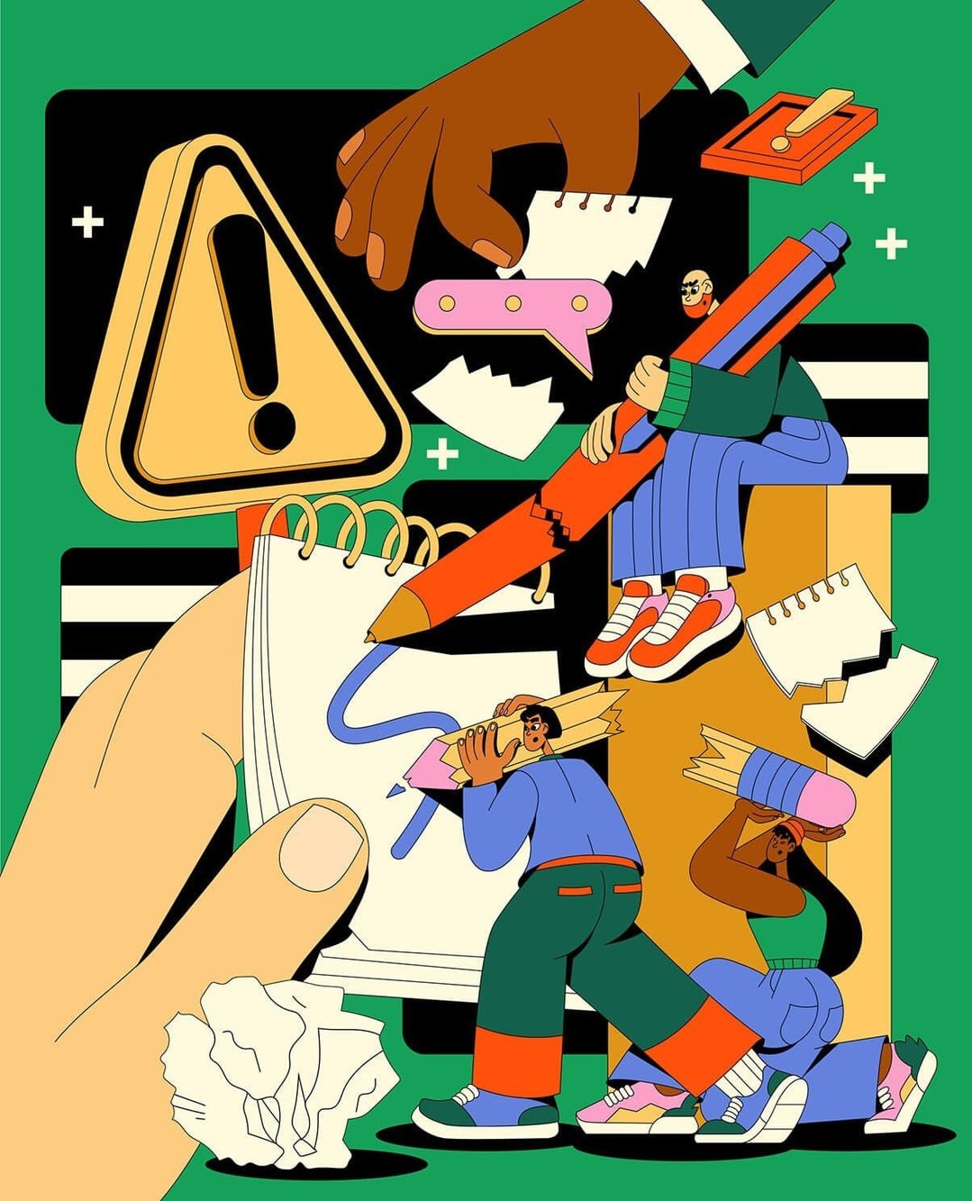 Illustration of diverse people interacting with large writing utensils and stationery elements against a green background.