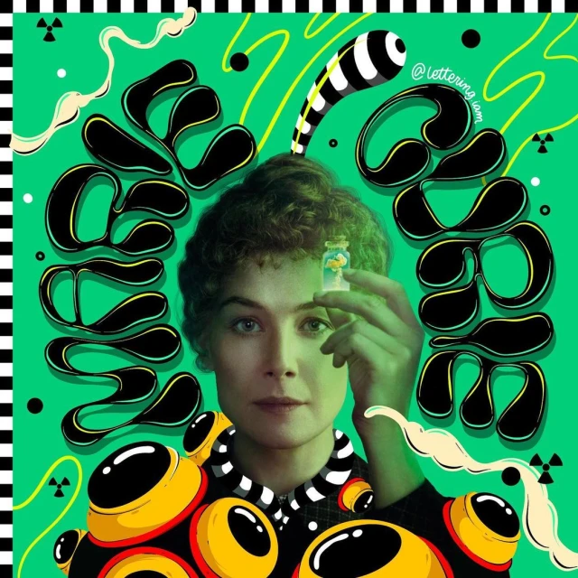 Illustration of scientist holding vial surrounded by lettering and geometric designs in bright green, black, and yellow colors.