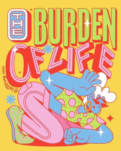 Whimsical illustration: stylized human figure with bright colors and lettering, cartoon-like drawing with flat colors and bold outlines.