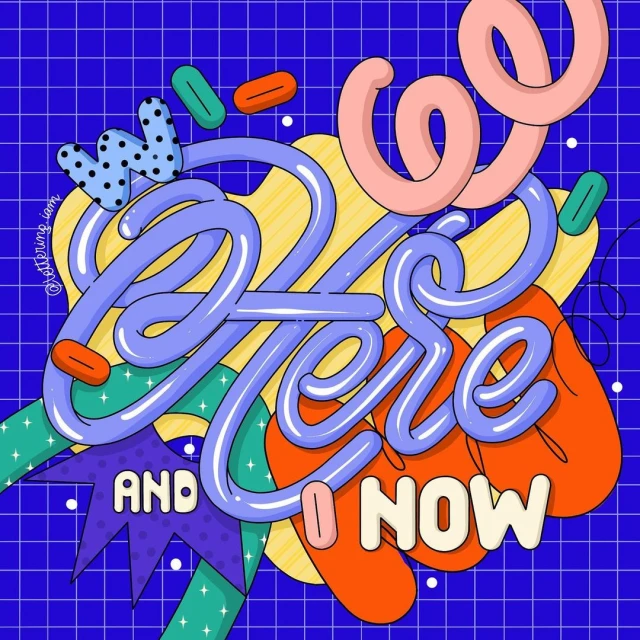 Vibrant illustration with stylized 3D lettering 'We Here and Now' on a blue grid backdrop, complemented by colorful shapes and playful design elements.