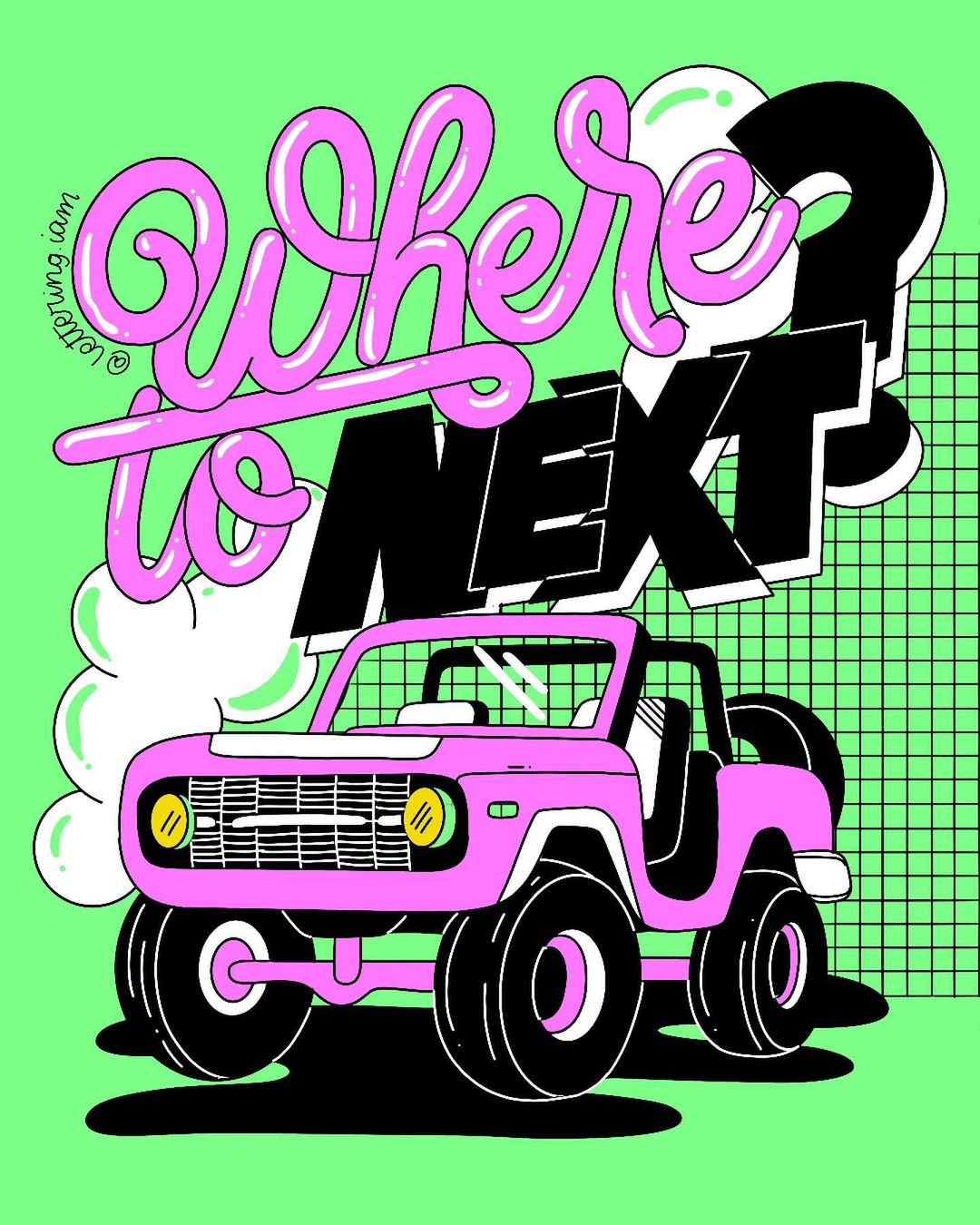 Illustration of a pink off-road vehicle with black tires under the words "Where to Next?" against a green background.
