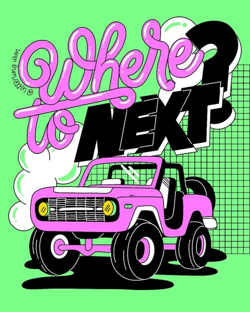 Illustration of a pink off-road vehicle with black tires under the words "Where to Next?" against a green background.