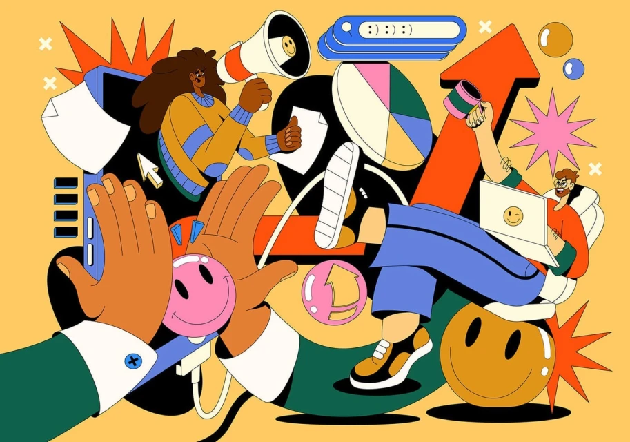 Digital illustration of diverse business people working with charts and devices, set against a yellow backdrop, showcasing collaboration.