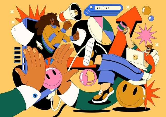 Digital illustration of diverse business people working with charts and devices, set against a yellow backdrop, showcasing collaboration.