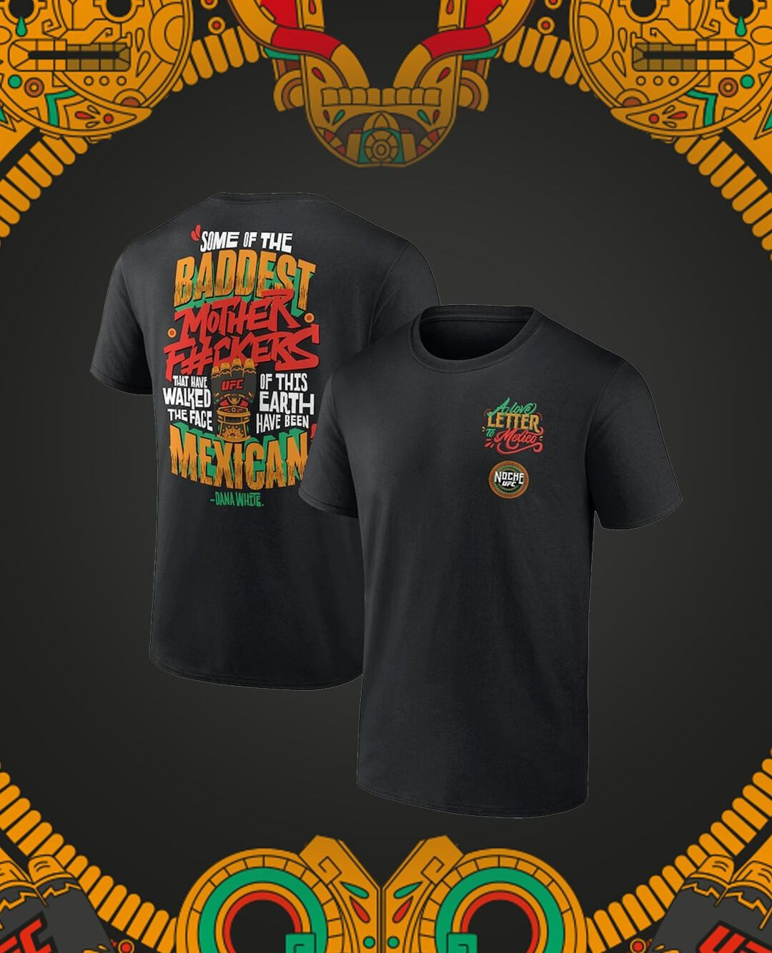 Two black t-shirts displayed with text on the back of one shirt, set against a dark background with decorative patterns.