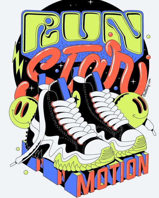 Illustration of Converse Run Star Hike sneakers on a blue cube with Fun Star In Motion text, smiley faces, against a light gray background.
