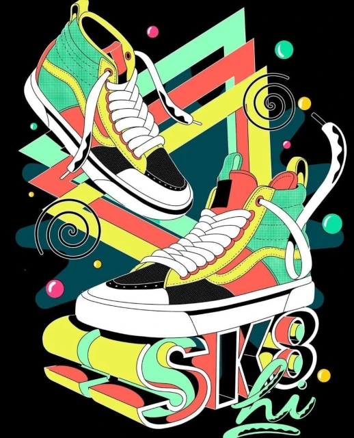 Vibrant graphic art featuring high-top sneakers, dynamic shapes, and the word 'SK8' in a playful, colorful design against a black backdrop.
