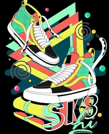 Vibrant graphic art featuring high-top sneakers, dynamic shapes, and the word 'SK8' in a playful, colorful design against a black backdrop.