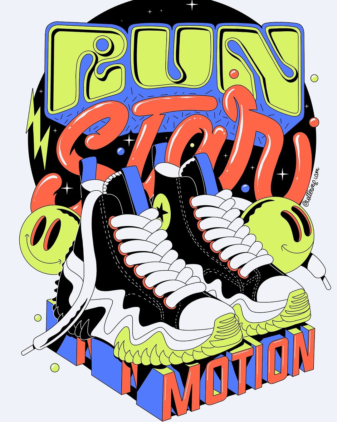 Artistic illustration of high-top sneakers on a block platform with playful, colorful lettering and smiley face graphics against a black backdrop.