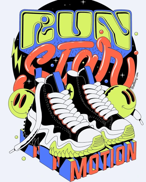 Artistic illustration of high-top sneakers on a block platform with playful, colorful lettering and smiley face graphics against a black backdrop.