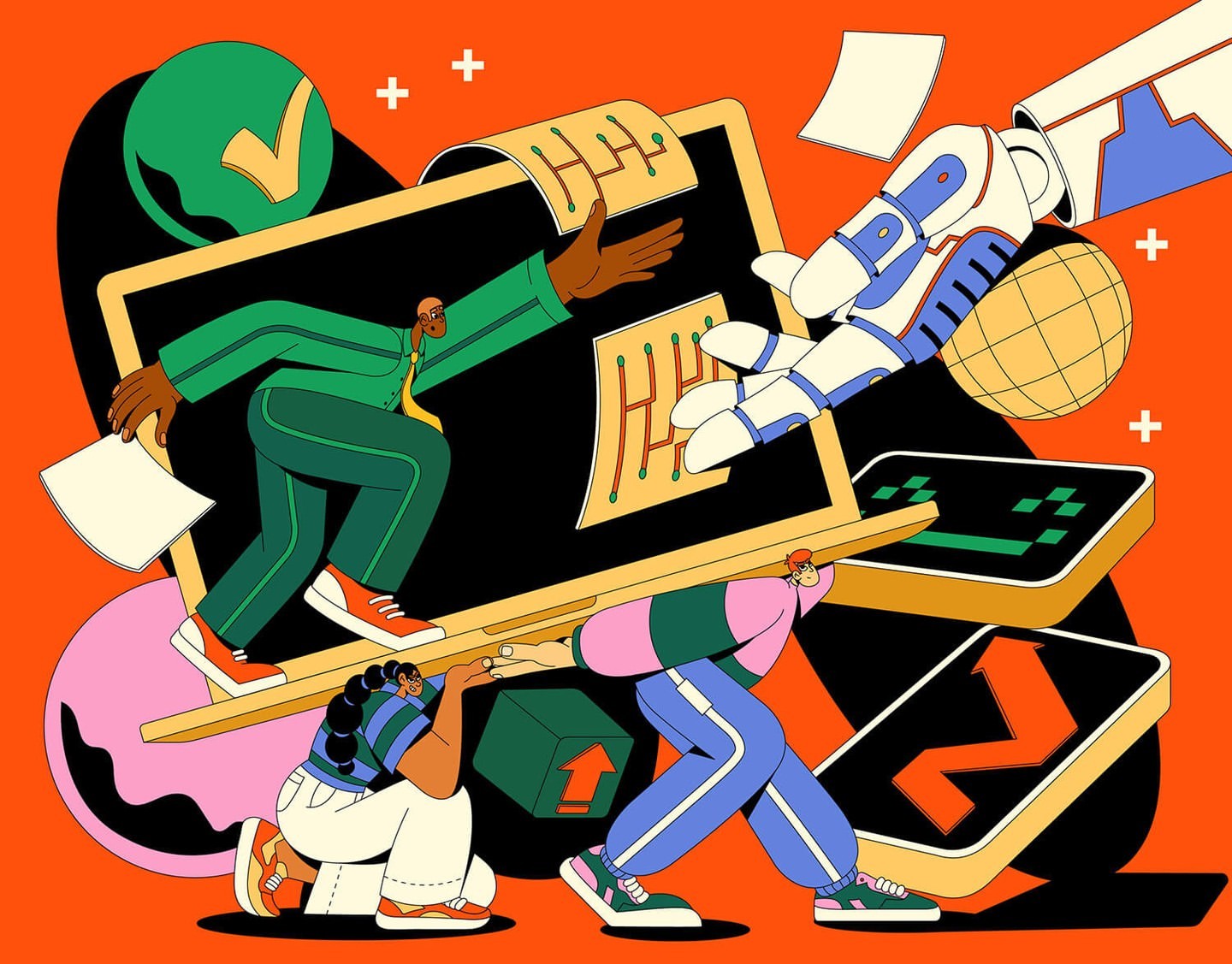 Animated graphic with group of people carrying a large screen with a robot arm and upload icons, set against an orange background.
