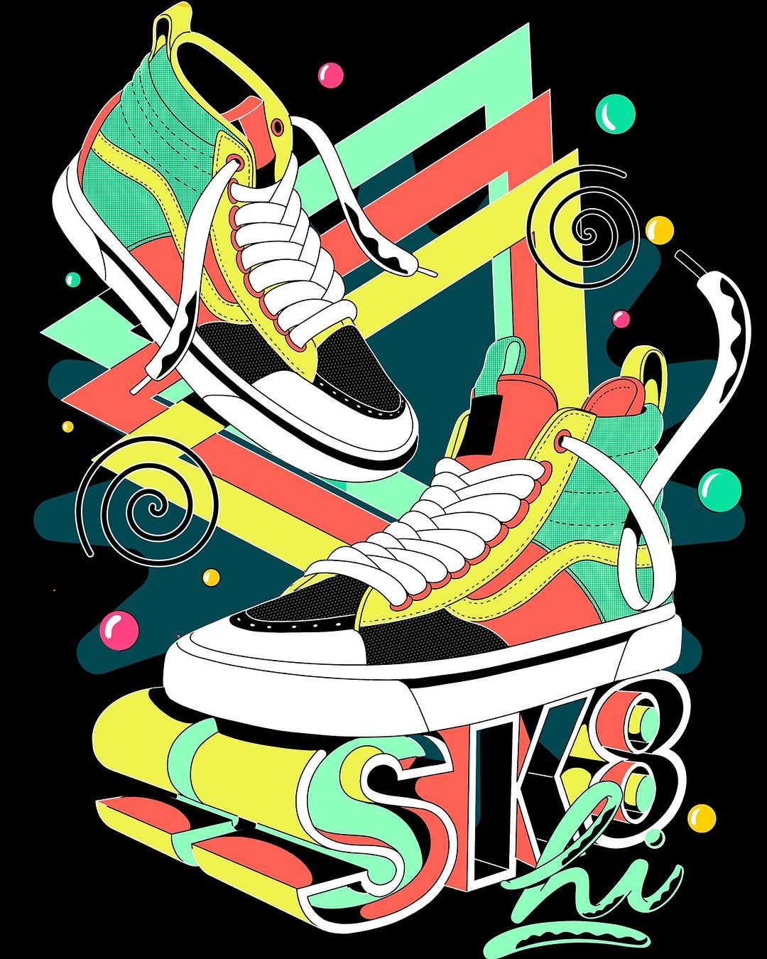 Illustration of two high-top skate shoes in yellow, green, pink and black against a black background with abstract shapes and lettering.