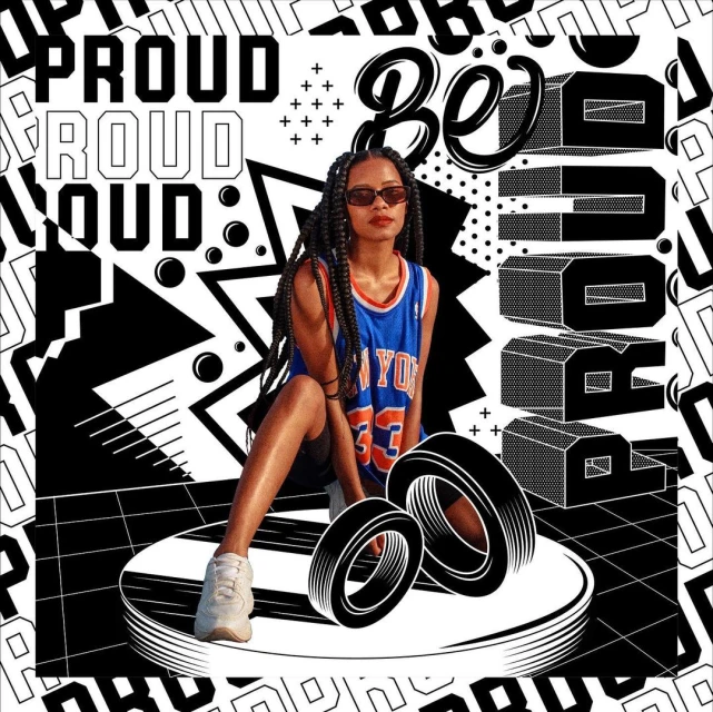 Stylish woman in basketball jersey poses on a round platform against a geometric black and white pattern in a studio shot.