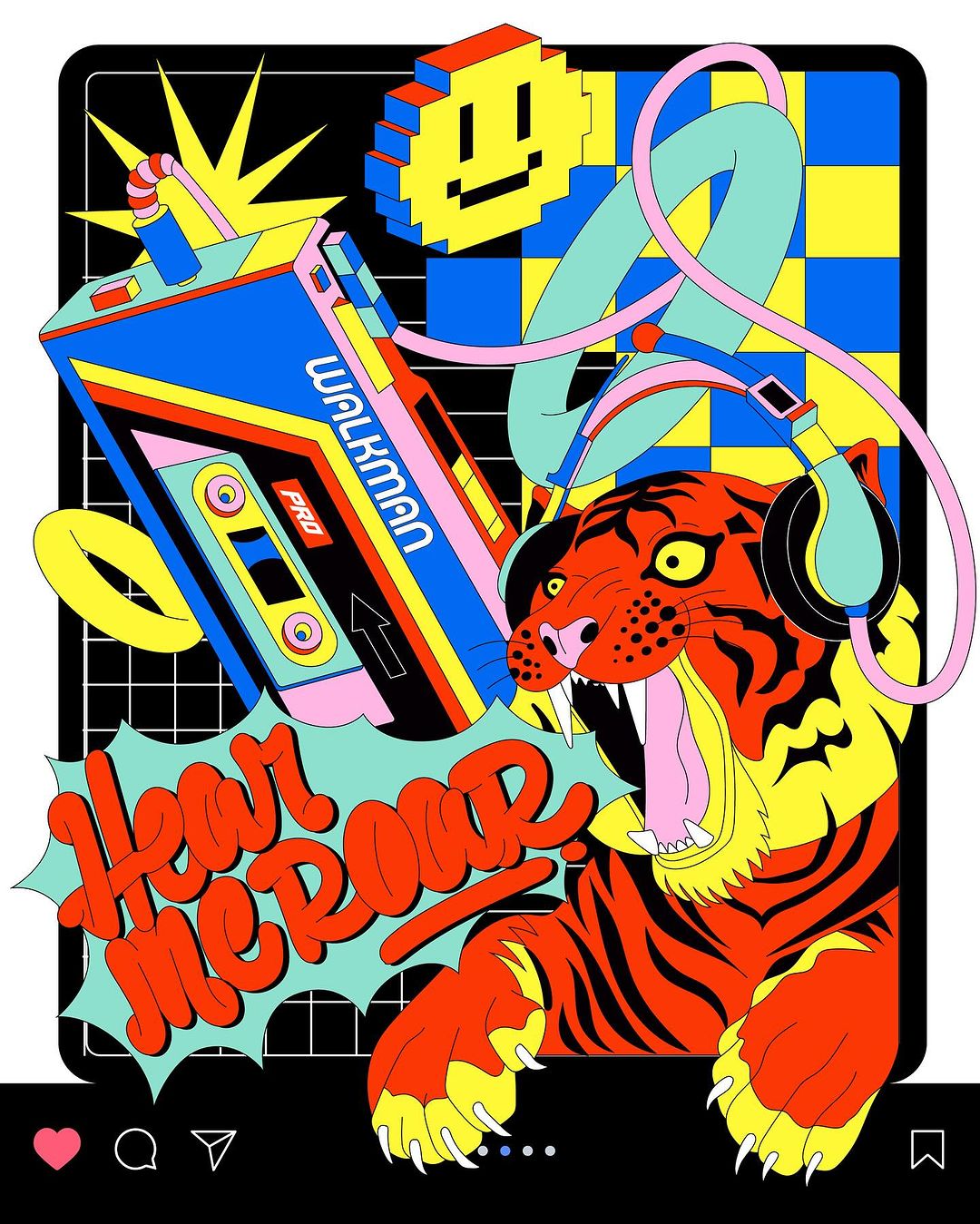 Illustration of Walkman, headphones, tiger and pixelated face against checkerboard pattern. Bold, colourful, cartoon-style art.