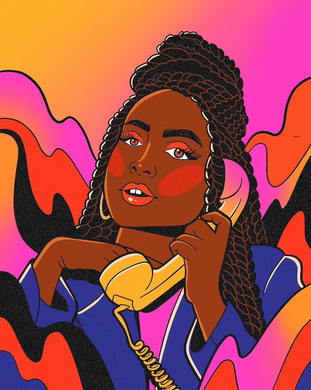Illustration of a woman with brown skin and dark hair, wearing a blue top and holding a yellow rotary phone, with a colorful backdrop.