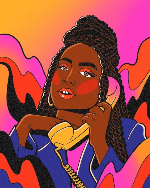 Illustration of a woman with brown skin and dark hair, wearing a blue top and holding a yellow rotary phone, with a colorful backdrop.
