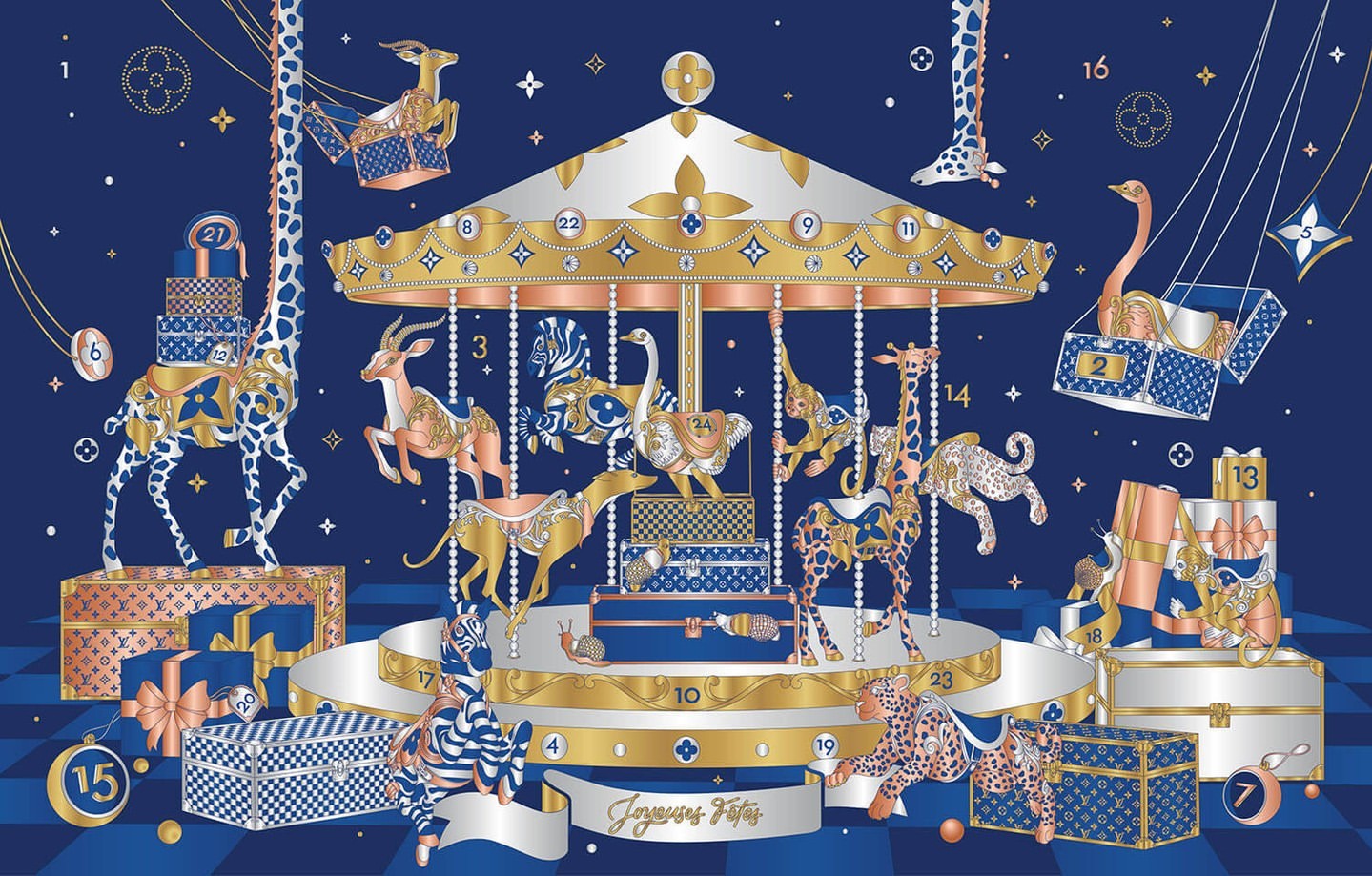 Illustration of a carousel with animals in Louis Vuitton monogram patterns and numbered gift boxes against a dark blue background.
