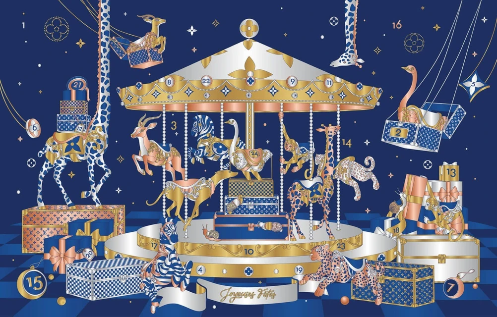 Illustration of a carousel with animals in Louis Vuitton monogram patterns and numbered gift boxes against a dark blue background.
