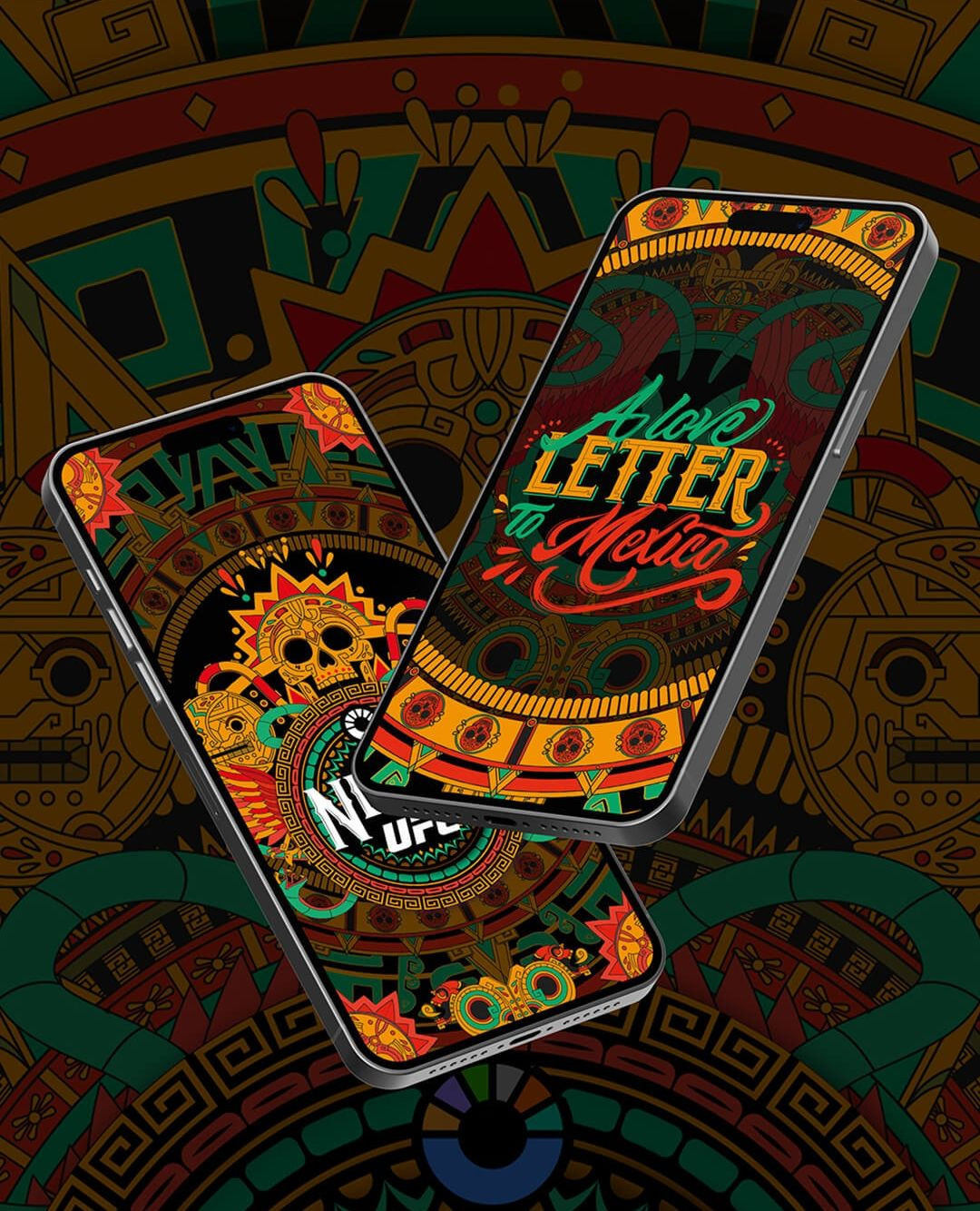 Two smartphones display colorful digital art with Mexican themes against a patterned backdrop, creating a vibrant and artistic composition.