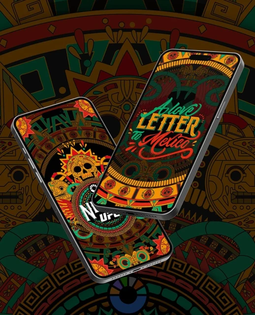 Two smartphones display colorful digital art with Mexican themes against a patterned backdrop, creating a vibrant and artistic composition.