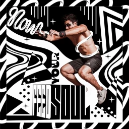 Black and white illustration by Ana Moreno featuring a shirtless man jumping amidst bold graphic patterns and typography.