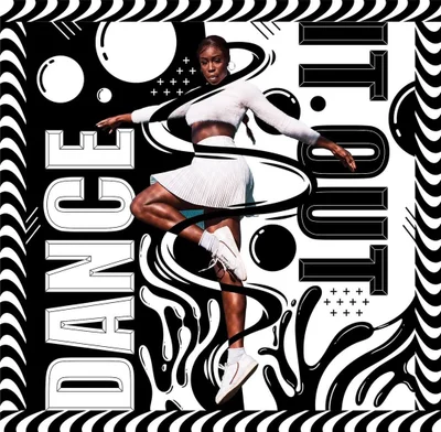 Black woman dancing in white outfit surrounded by black and white graphic illustrations and typography by Ana Moreno
