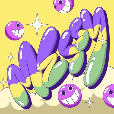 Digital illustration with puffy purple and green typography, smiling purple spheres, and white sparkles on a yellow background.