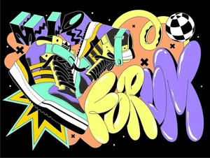 Colorful graffiti-style illustration of high-top sneakers with bold typography and abstract shapes by Ana Moreno