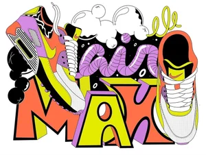 Colourful digital illustration featuring two sneakers surrounded by stylized bubble elements and bold typography against a white background