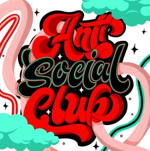 Colorful vector illustration with bold red and black typography reading Anti Social Club against a white background