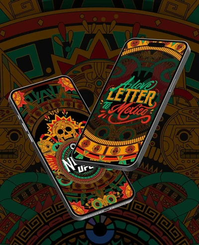 Two smartphones displaying vibrant typographic illustrations featuring skull motifs against an ornate patterned background.