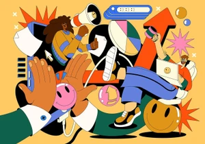Colorful vector illustration by Ana Moreno showing abstract figures, hands, arrows, and smiley face motifs on a yellow background.