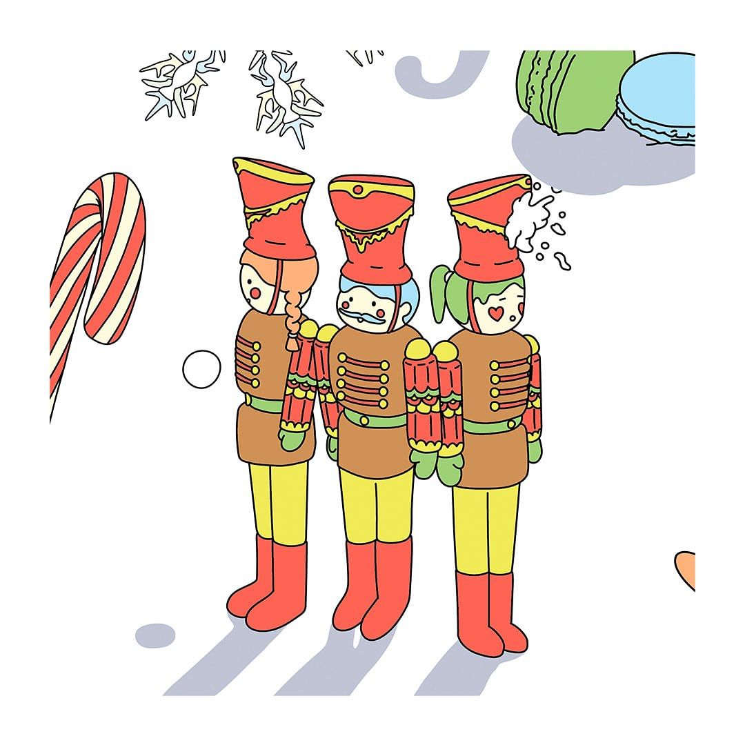 Illustration of three cartoon nutcrackers standing on a white background with macarons, candy canes, and snowflake accents.