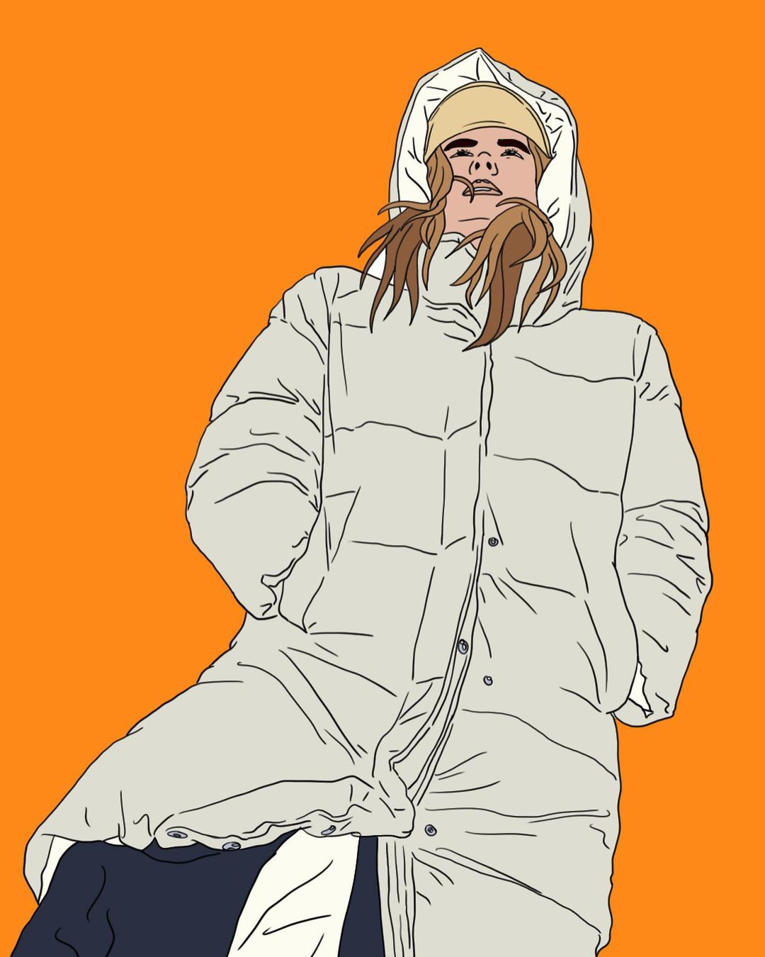 Illustration of a young adult woman with long brown hair wearing a white puffer coat and a yellow beanie against an orange background.