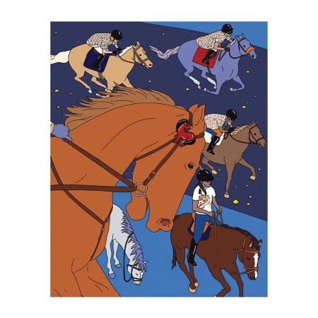 Illustration of a horse race with multiple horses and jockeys in colorful outfits, set against a blue background with white stars.