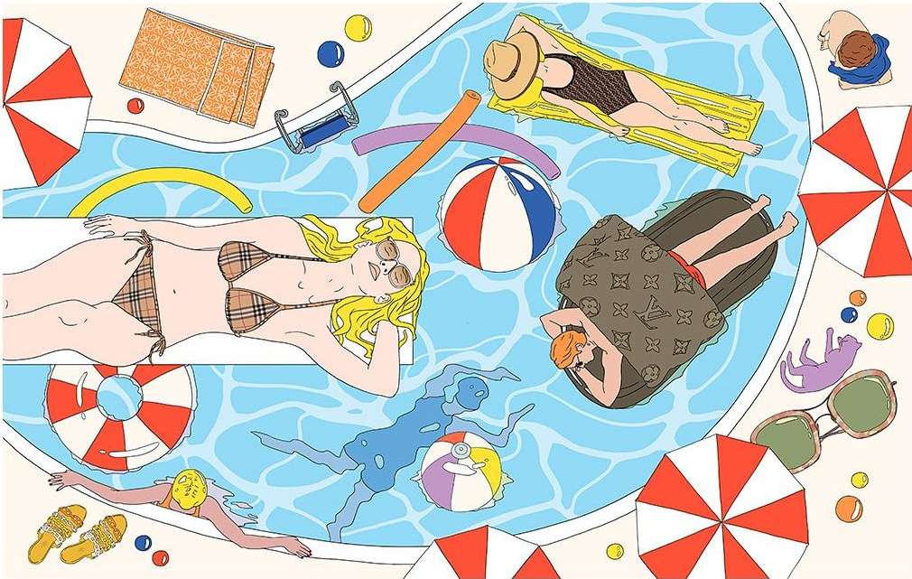 Illustration of people relaxing by a pool on inflatables, including beach balls, umbrellas, and pool noodles, with summer aesthetic.