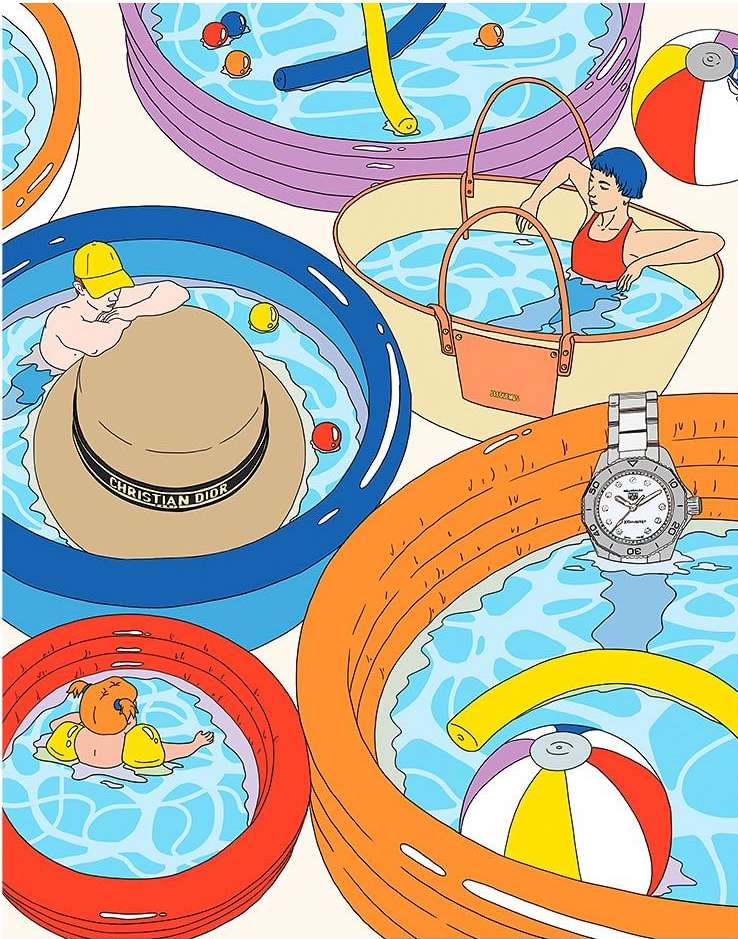 Whimsical illustration of children and adults relaxing in colourful inflatable backyard pools, with beach balls and floating toys.