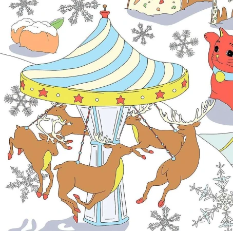 Carousel with reindeer illustration in winter scene, featuring a red cat toy, snow, and holiday elements in a cartoon style design.