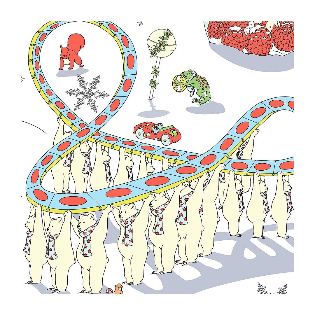 Whimsical illustration featuring polar bears holding up a roller coaster track, with other animals like a squirrel and frog incorporated.