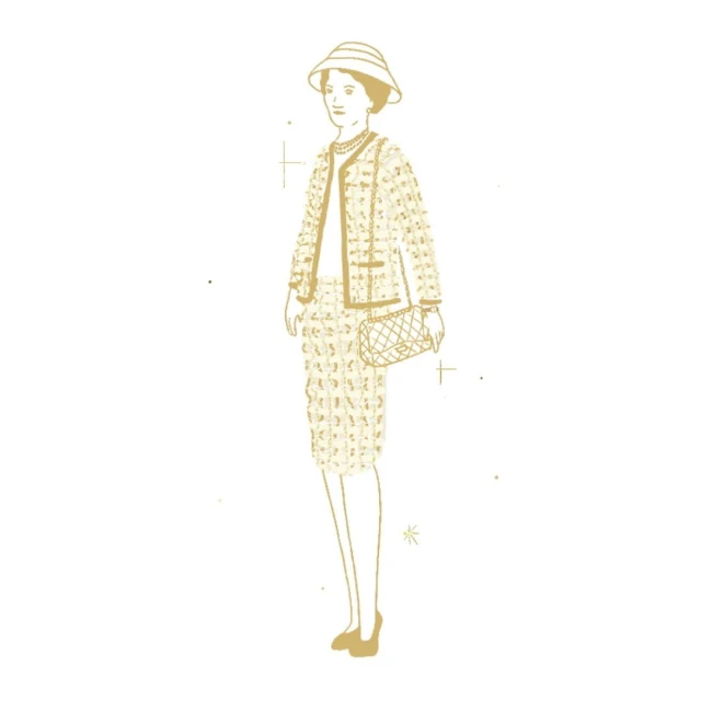 Illustration of an adult female in a tweed skirt suit with a hat and purse, rendered in a golden color, set against a white backdrop.
