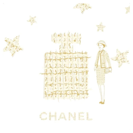 Illustration of a tweed perfume bottle, a woman in a skirt suit, and gold stars on a white background with Chanel text
