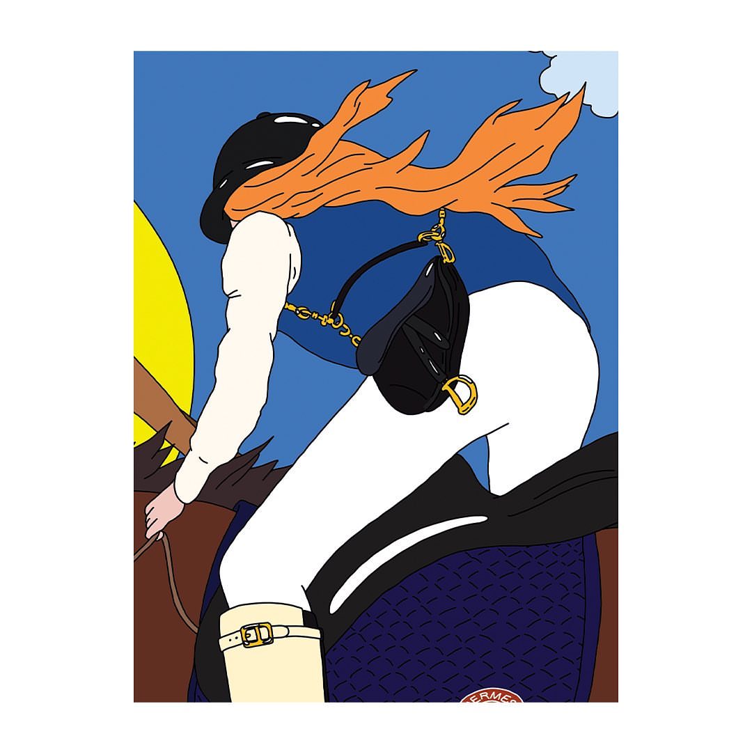 Illustration of a female equestrian rider with orange hair on a brown horse wearing a black helmet with a black saddlebag on a blue background.
