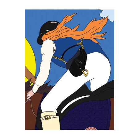 Illustration of a female equestrian rider with orange hair on a brown horse wearing a black helmet with a black saddlebag on a blue background.