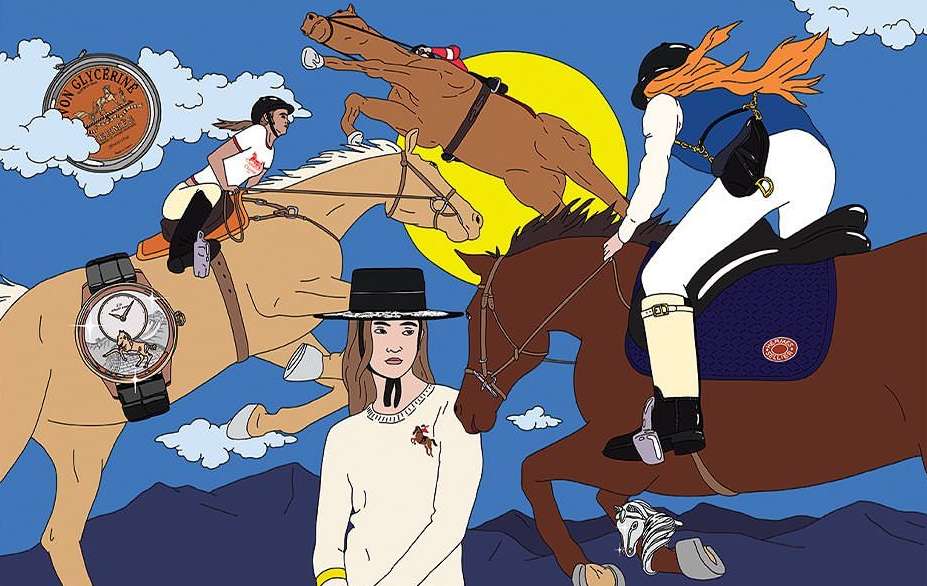Cartoon image with several horses and riders, a woman in a hat, and a yellow sun against a blue sky with mountain range.