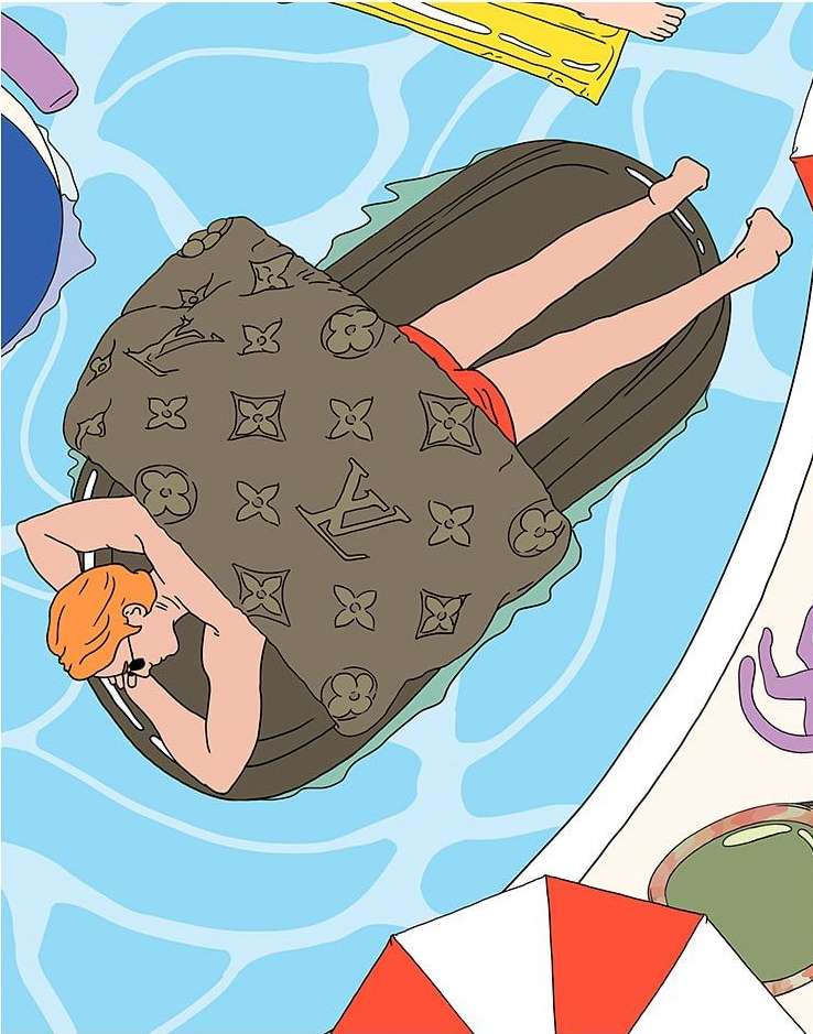 Illustration of a red-haired man relaxing on a designer float in blue water, surrounded by other floating objects and pool details.