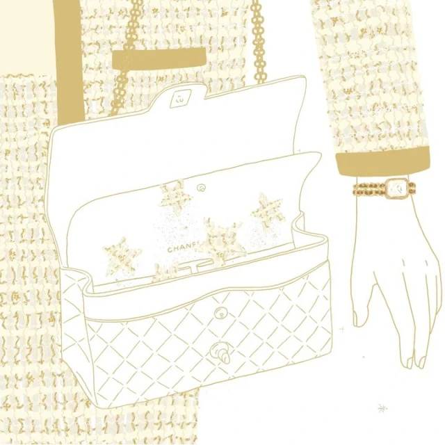 Illustration of a handbag with gold chain, quilted texture, and logo, with an arm wearing a watch and tweed fabric jacket.