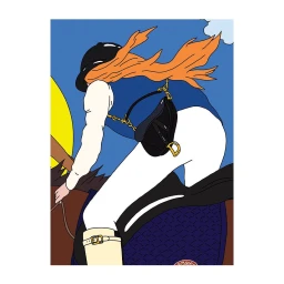 Illustration of a rider on a horse wearing a riding helmet and white pants with blowing orange hair.