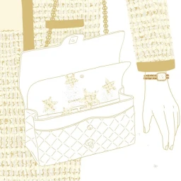 Fashion illustration by Ana Tortos featuring a quilted handbag, tweed jacket, and wristwatch in gold and cream tones